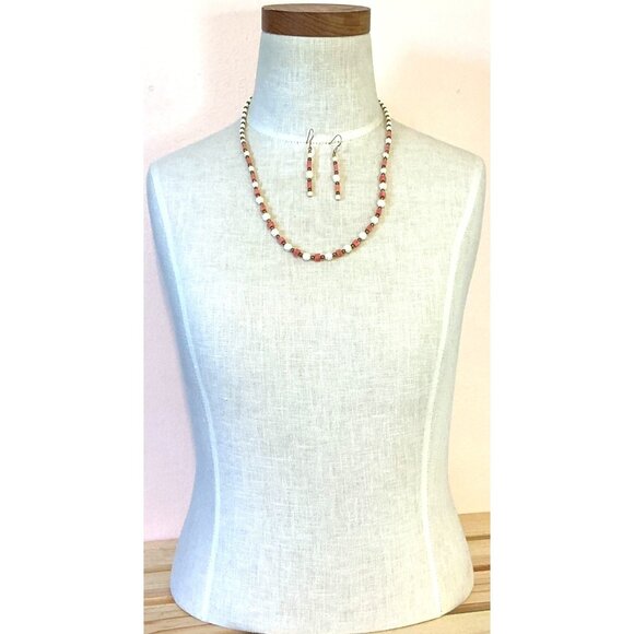 Handmade Beaded Necklace and Earring Set - Coral Cream and Gold Tones - Picture 5 of 6